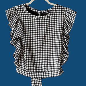 Sugar Lips Black & White Gingham Ruffle Tie and Button Back Blouse Top Small